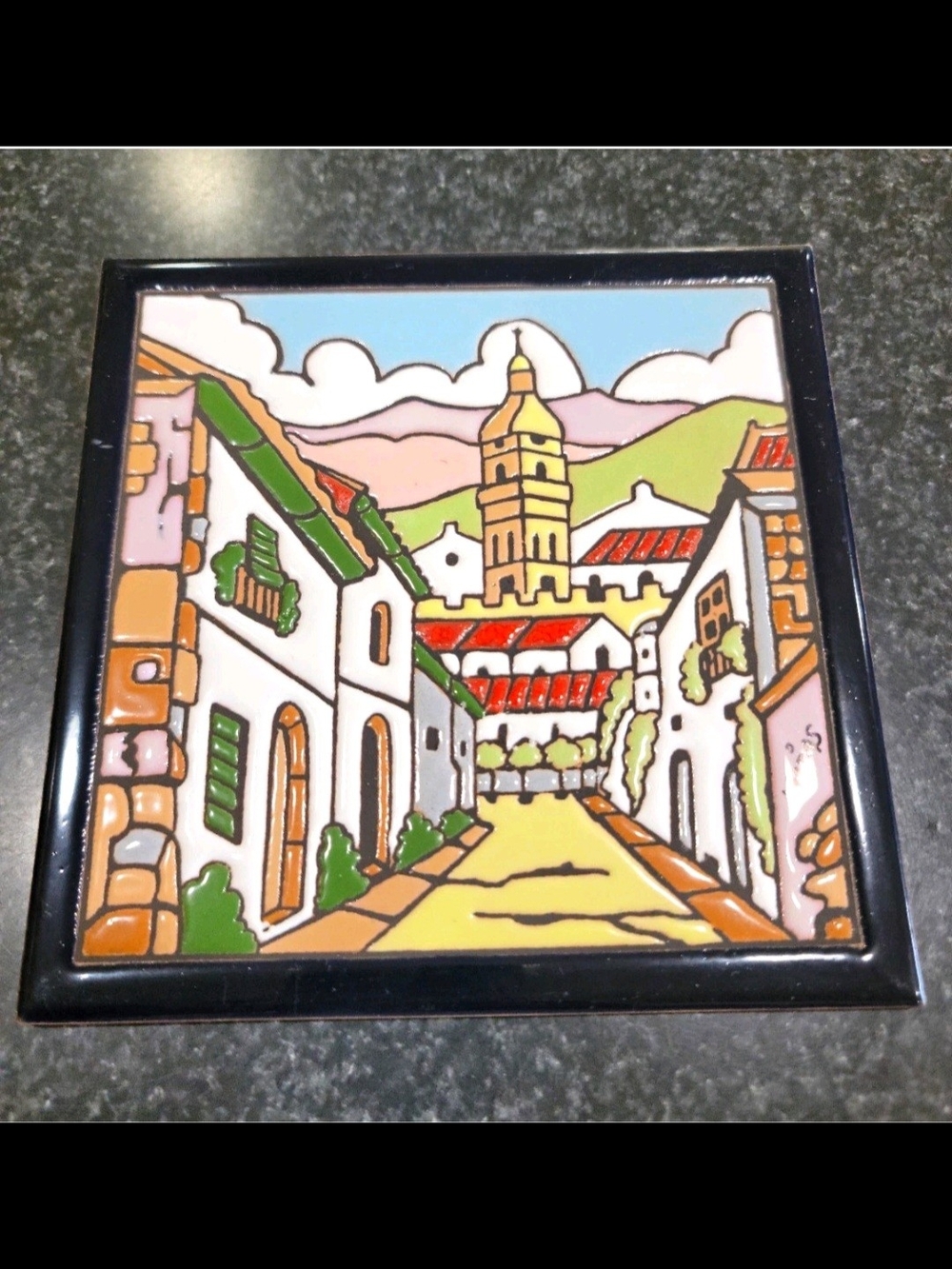 Mijac Signed Glazed Ceramic Townscape Wall Tile Plaque, Glossy, 6x6 in - Picture 1 of 5